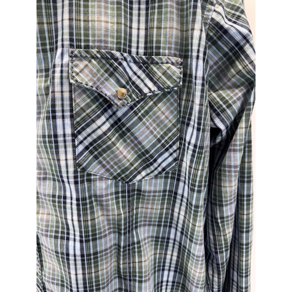 Wrangler Western Shirt Men's Size 2XT Pearl Snap Long Sleeve Blue Green Plaid
