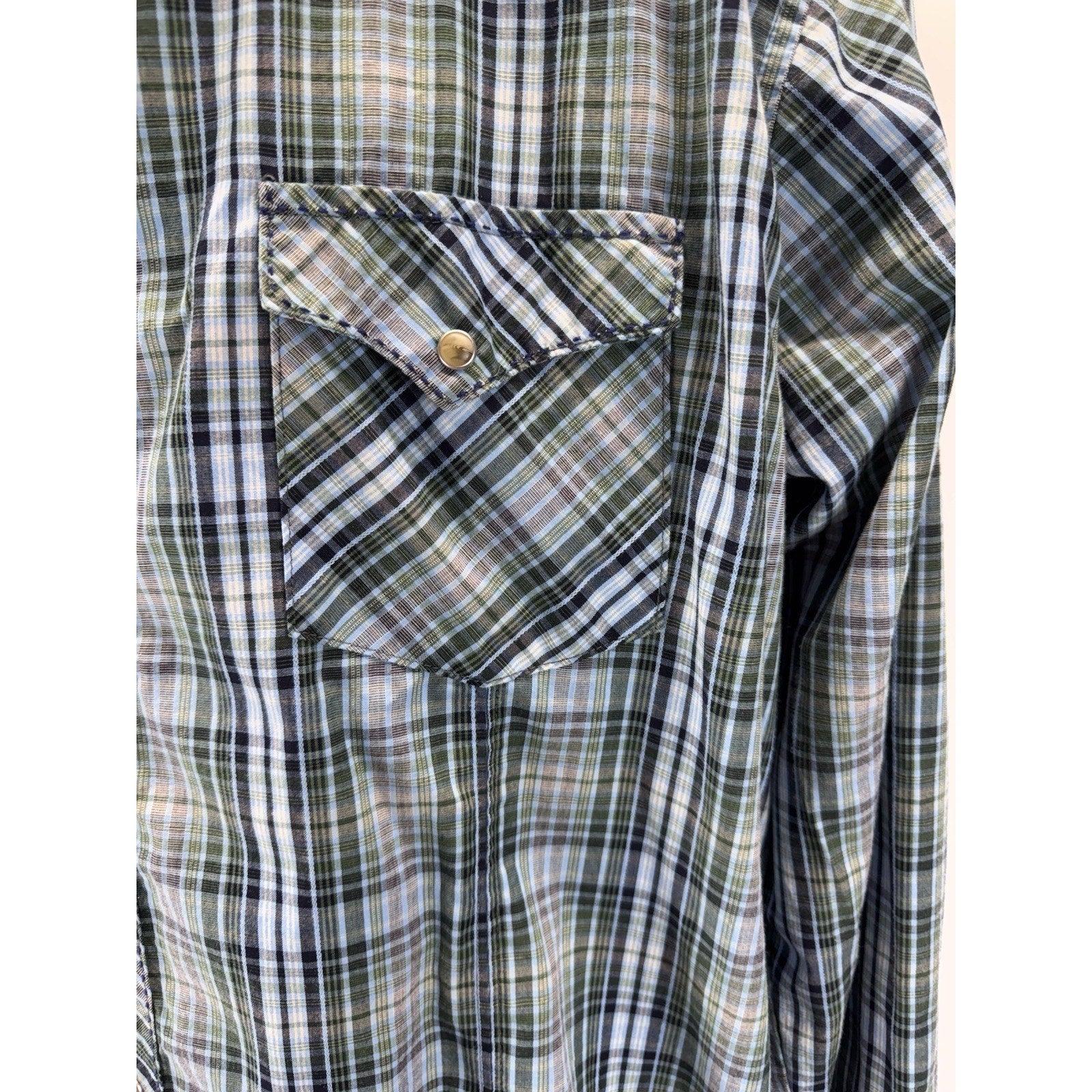 Wrangler Western Shirt Men's Size 2XT Pearl Snap Long Sleeve Blue Green Plaid