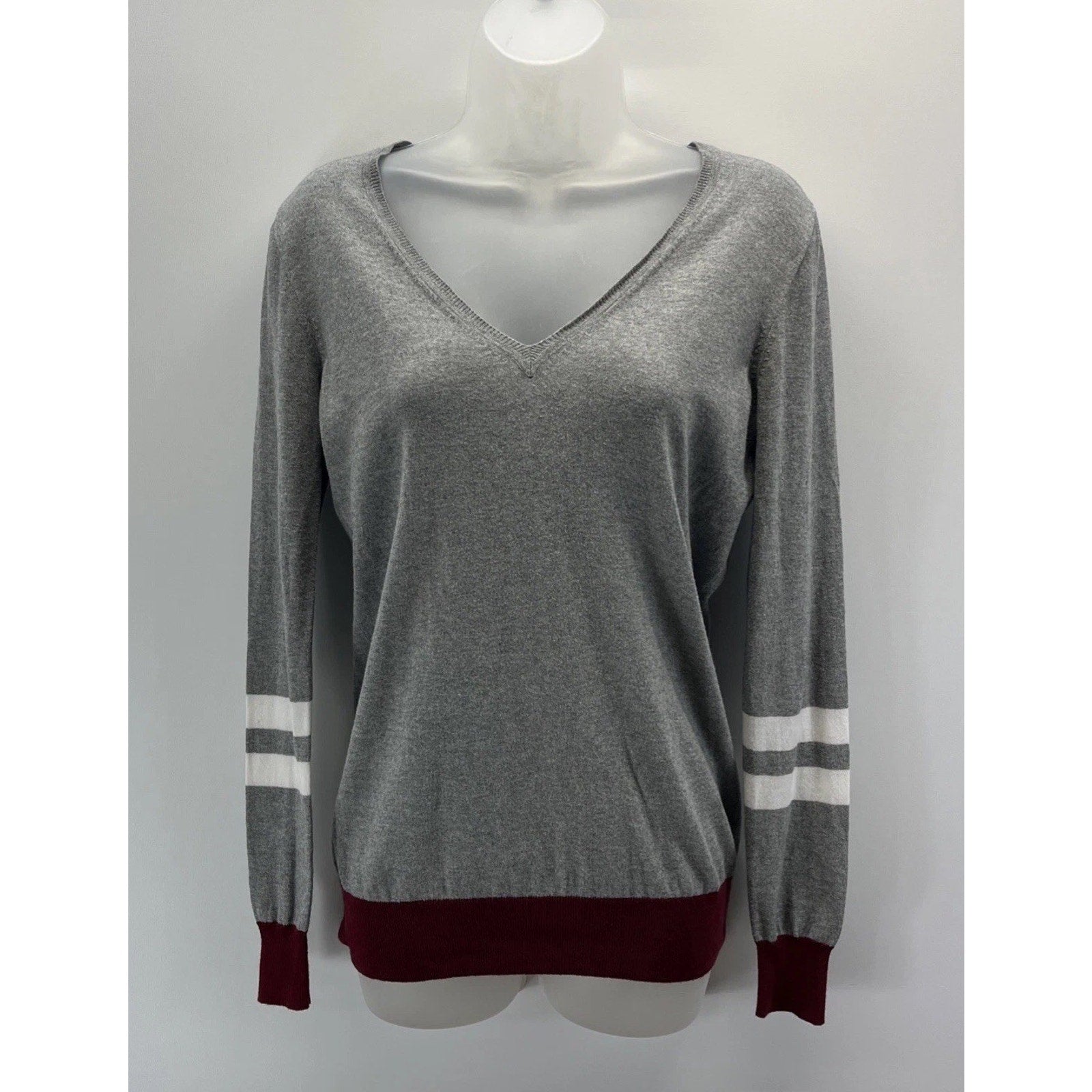 J Crew Varsity Stripe Womens Sweater Size S Gray White Burgundy V-Neck LS Top