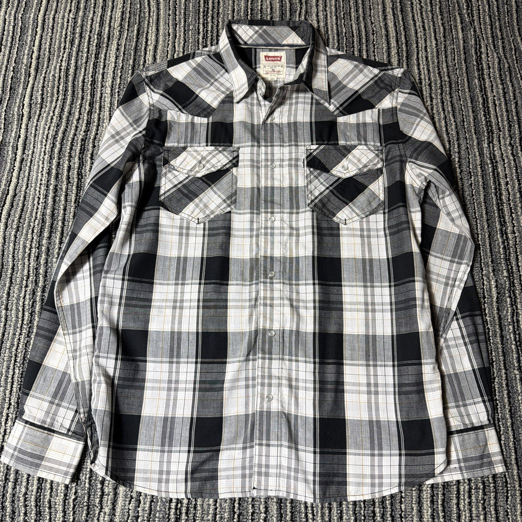 Levi's Men's Size Medium Modern Fit Pearl Snap Shirt Plaid Gray White Black