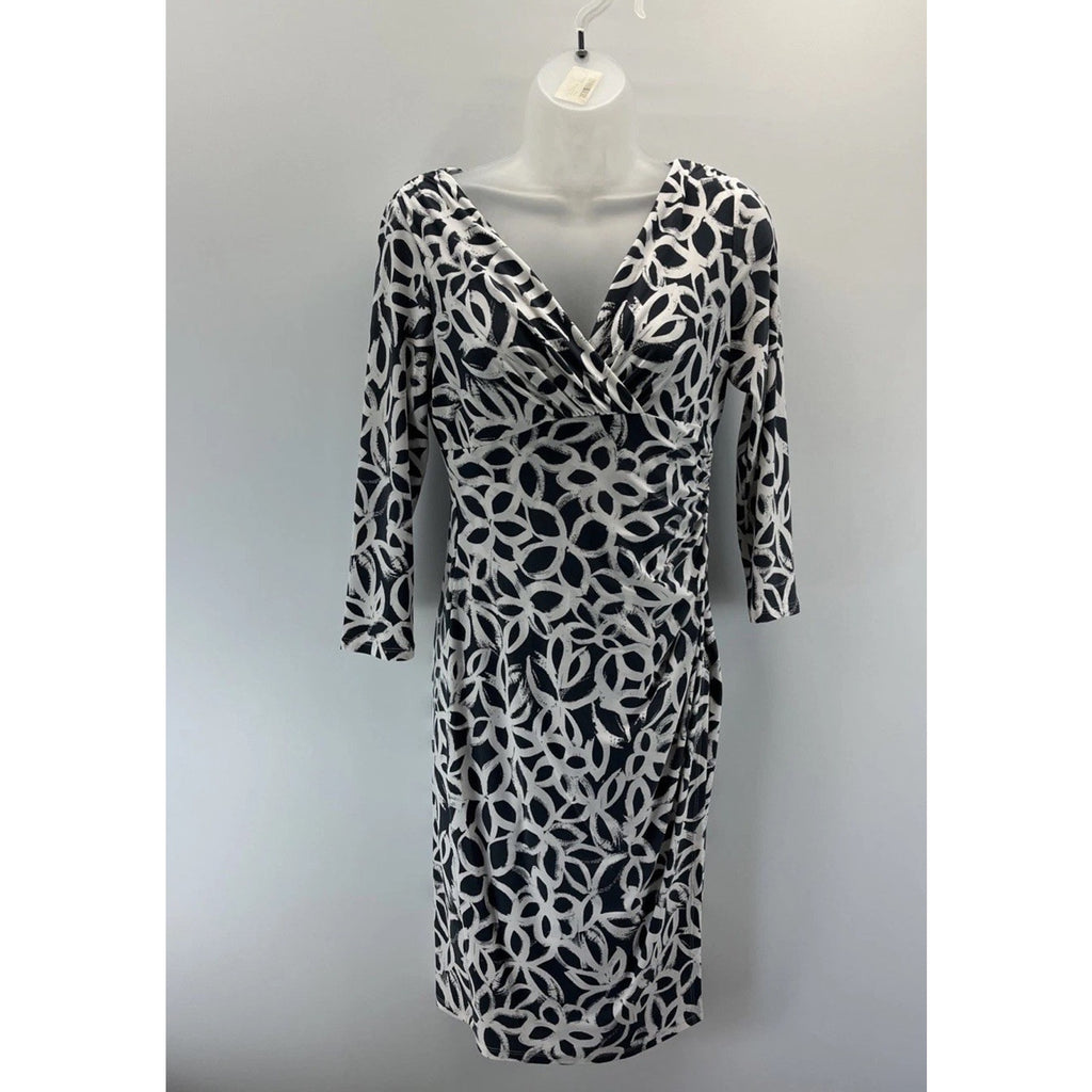 Lauren Ralph Lauren Gray White Printed Surplice Faux Wrap Dress Womens Stretch 4