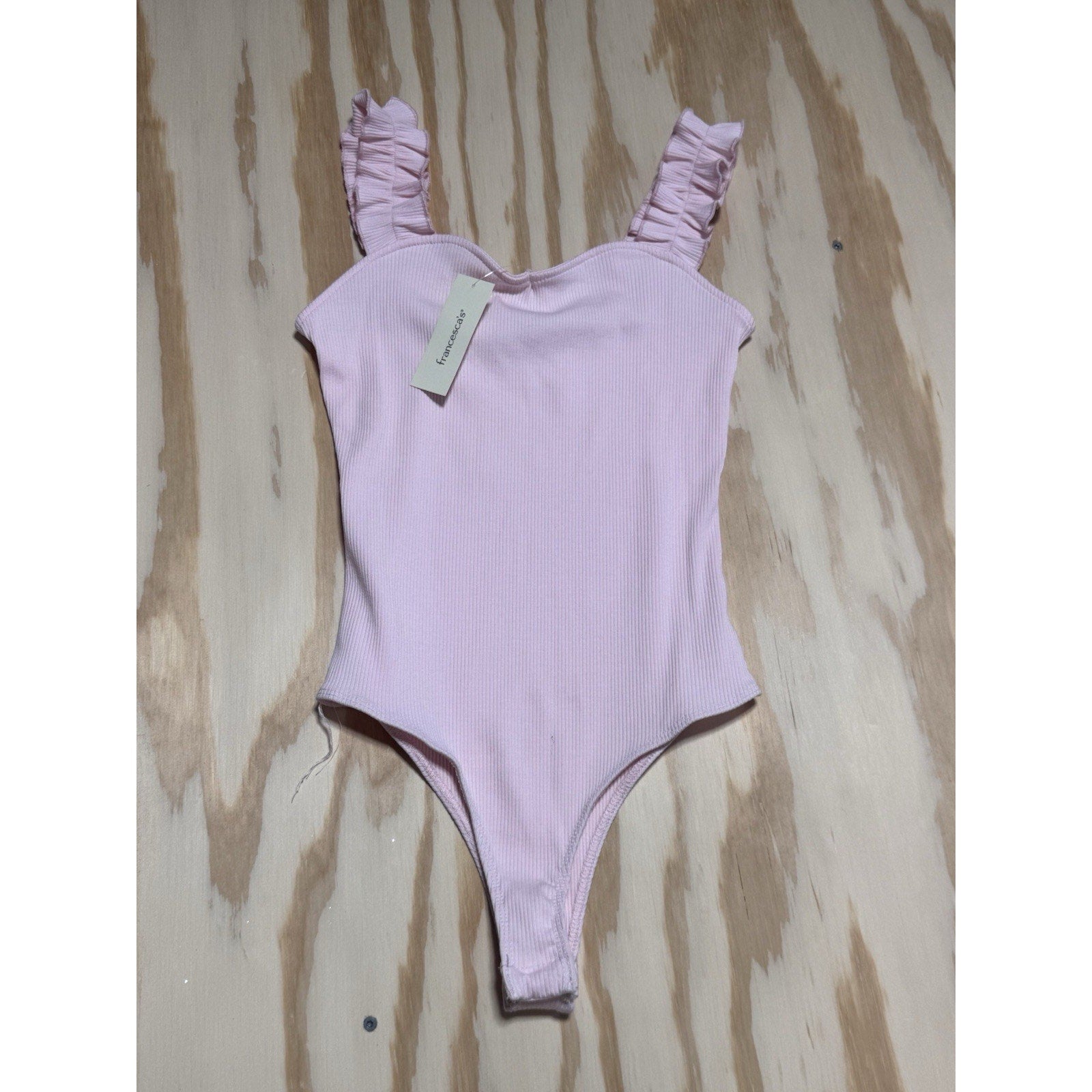 Blue Rain Pink Ribbed Ruffle Strap Bodysuit Women’s Large Sweetheart Neck NWT