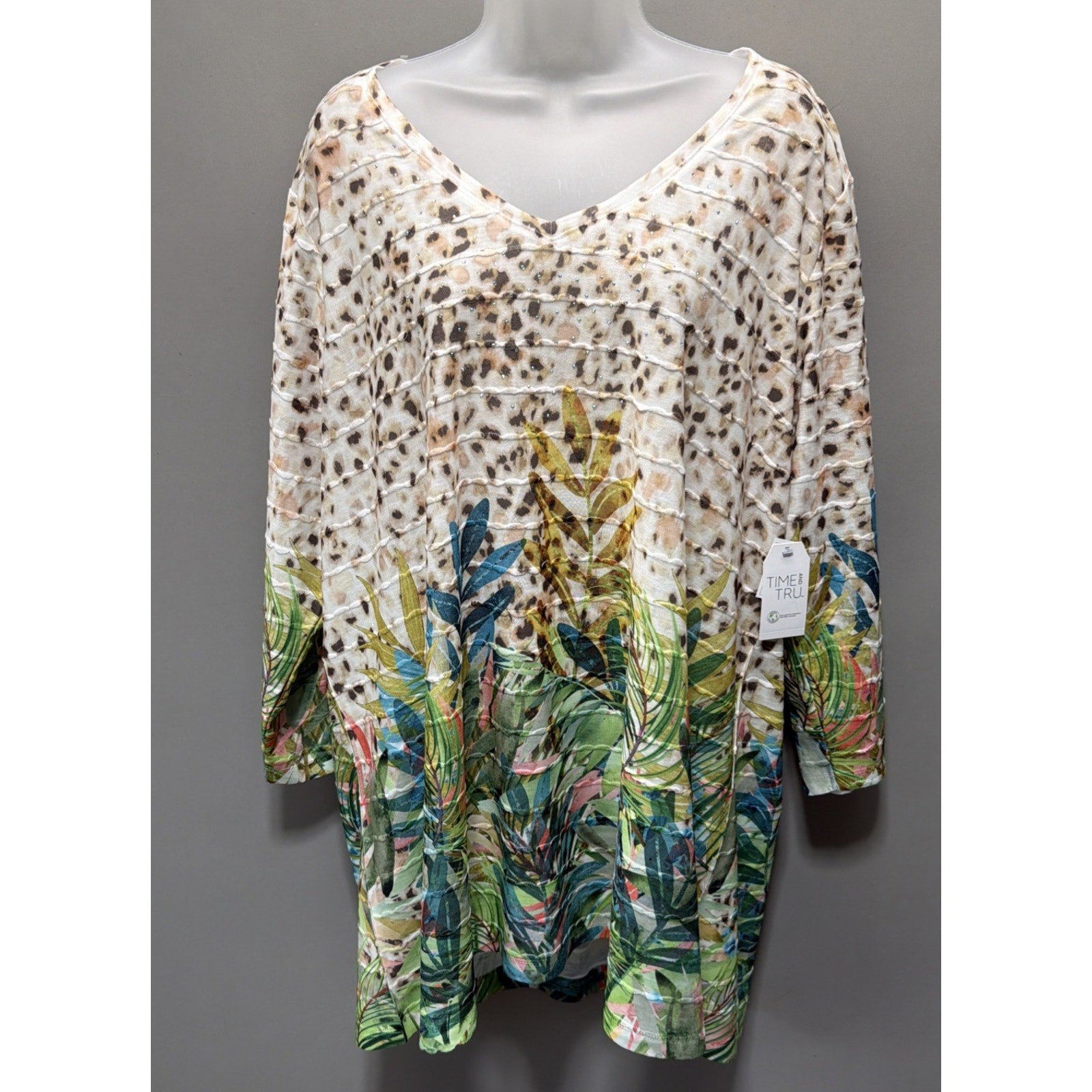 NWT Time and Tru Women's Floral Animal Print Rhinestones Tunic Top Plus XXL 22