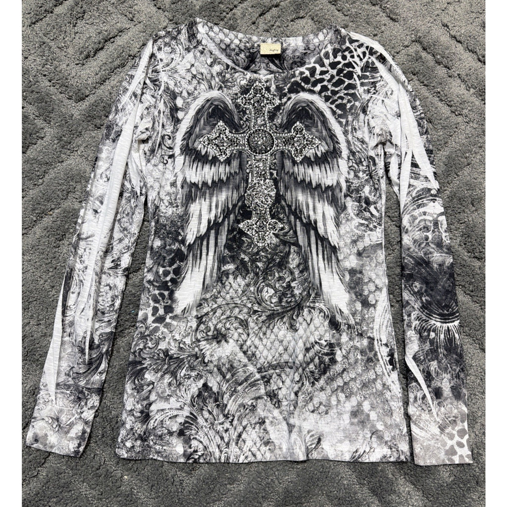 Daytrip Embellished Angel Wings Top Size L Y2K Fairy Grunge Rhinestone Made USA