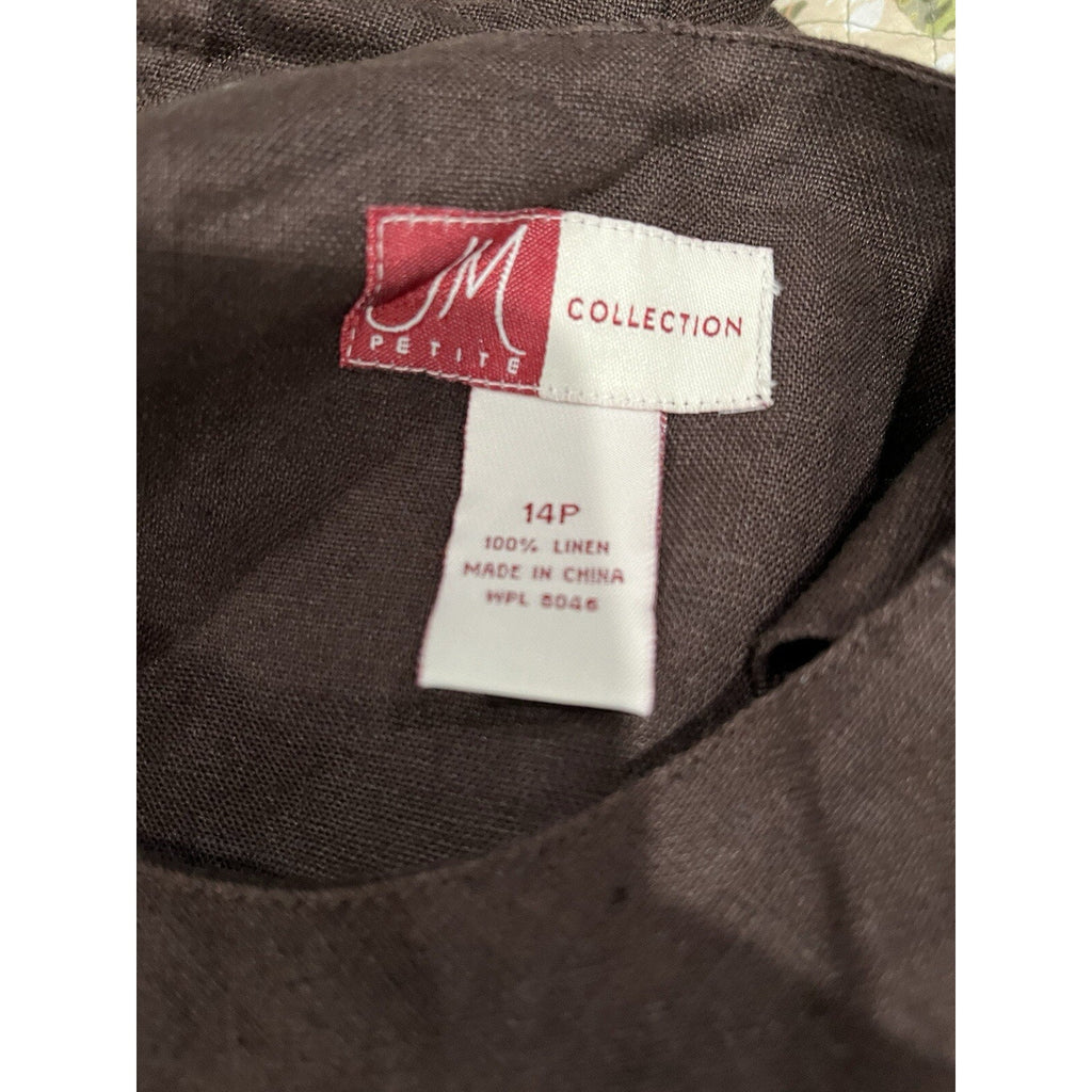 JM Collection 14P 100% Linen Chocolate Brown Collarless Button Front Jacket NWT