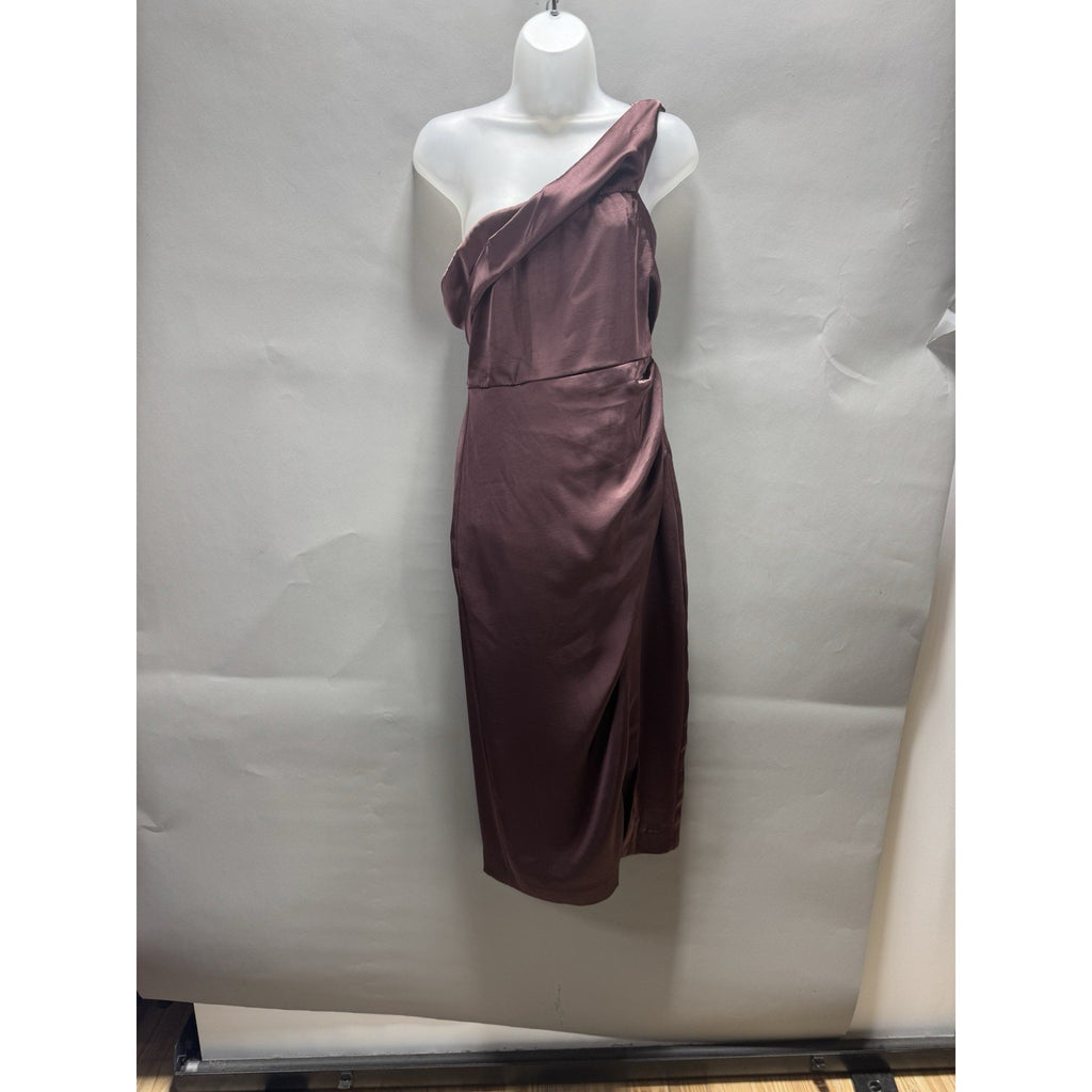ASTR The Label One Shoulder Satin Midi Dress Mauve Plum Side Slit Cocktail M
