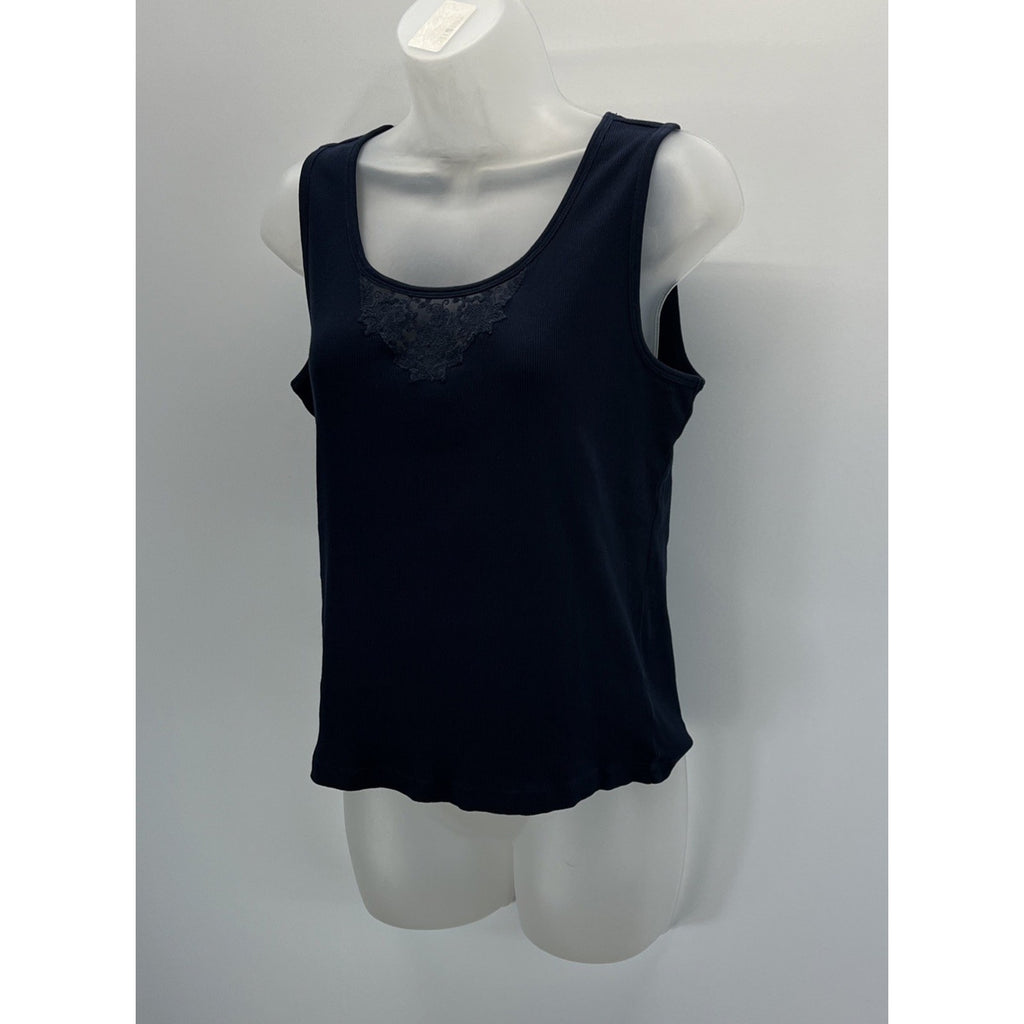 Lauren Ralph Lauren Blue Ribbed Tank Top with Lace Trim Y2K Preppy Size L