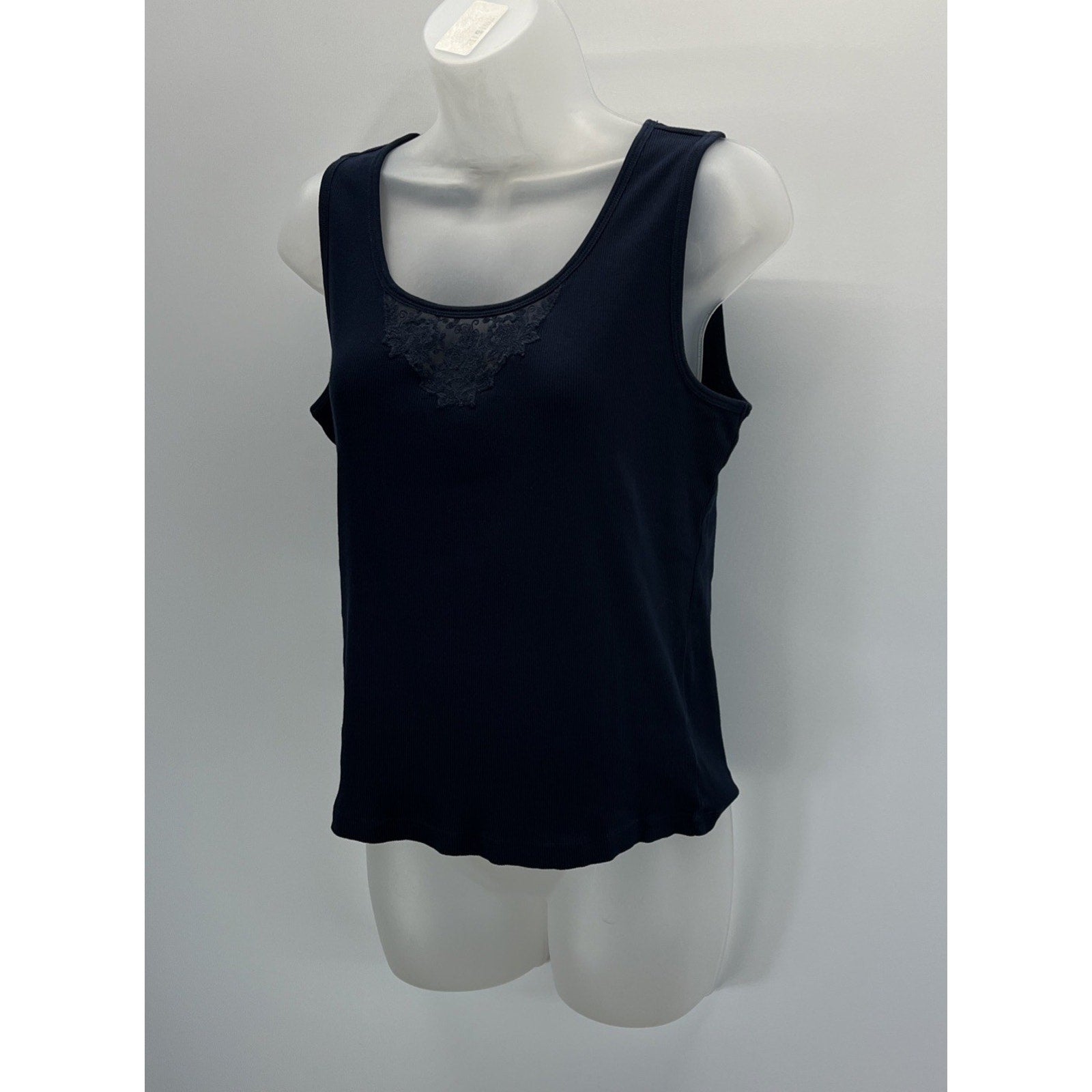 Lauren Ralph Lauren Blue Ribbed Tank Top with Lace Trim Y2K Preppy Size L