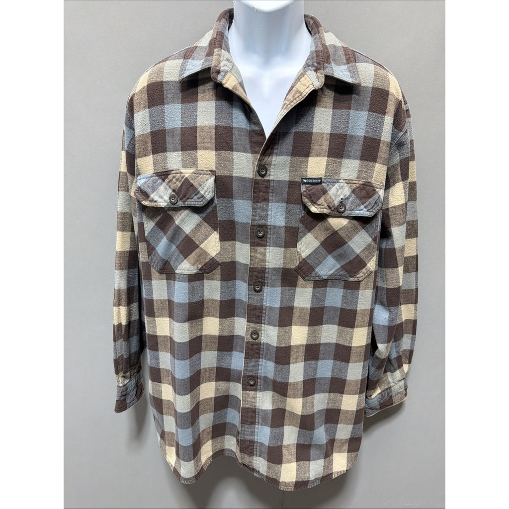 Vintage Woolrich Heavyweight Flannel Shirt Brown Blue Cream Plaid