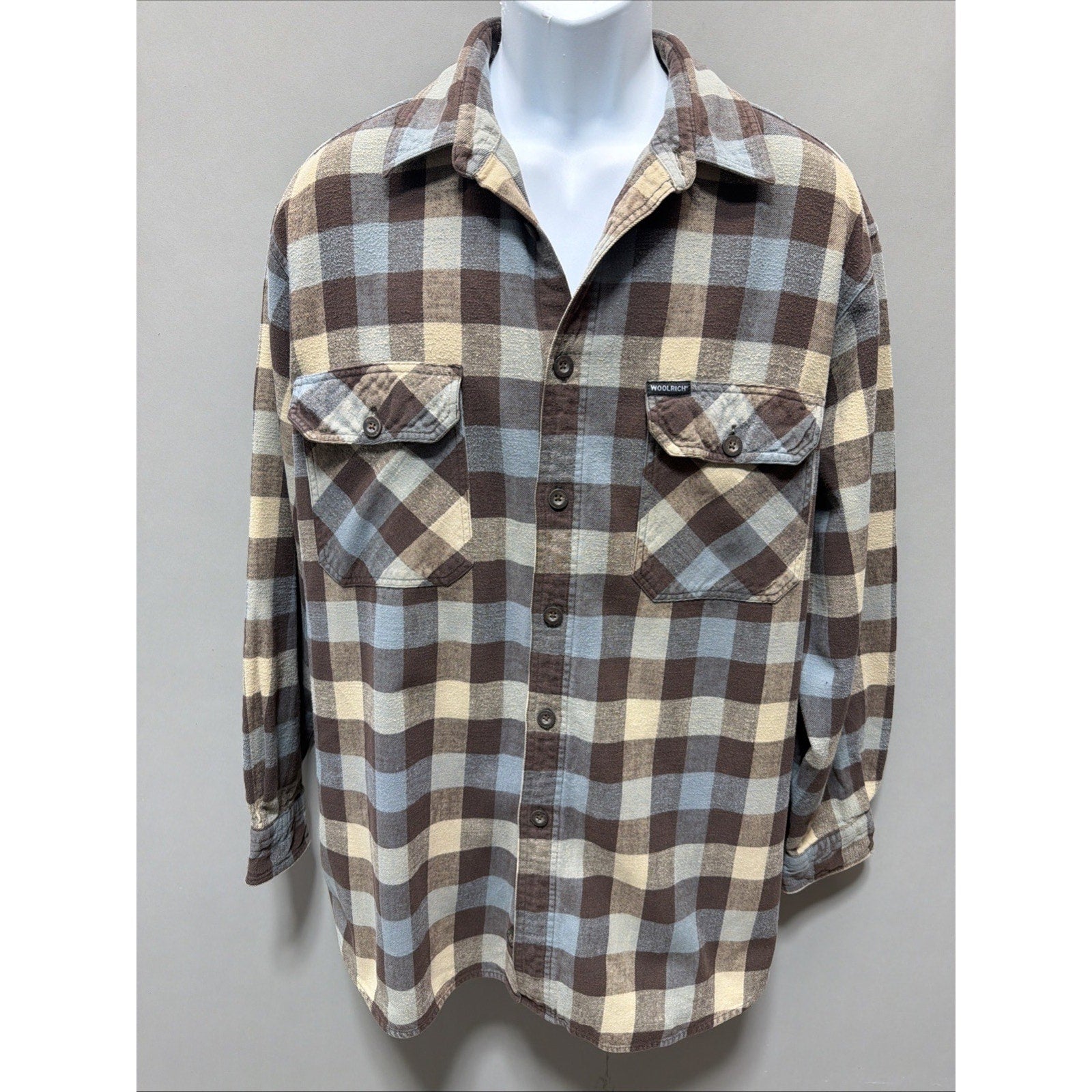 Vintage Woolrich Heavyweight Flannel Shirt Brown Blue Cream Plaid