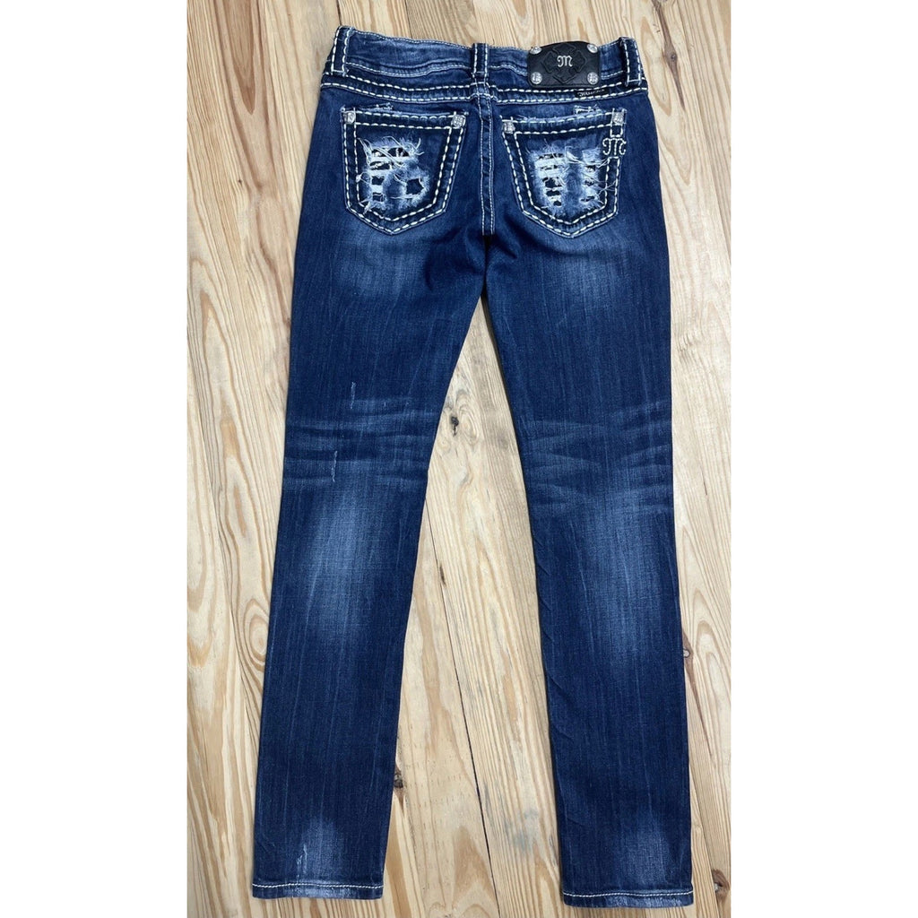 Miss Me Skinny blue denim jeans size 27 Distressed Thick Stitch EUC