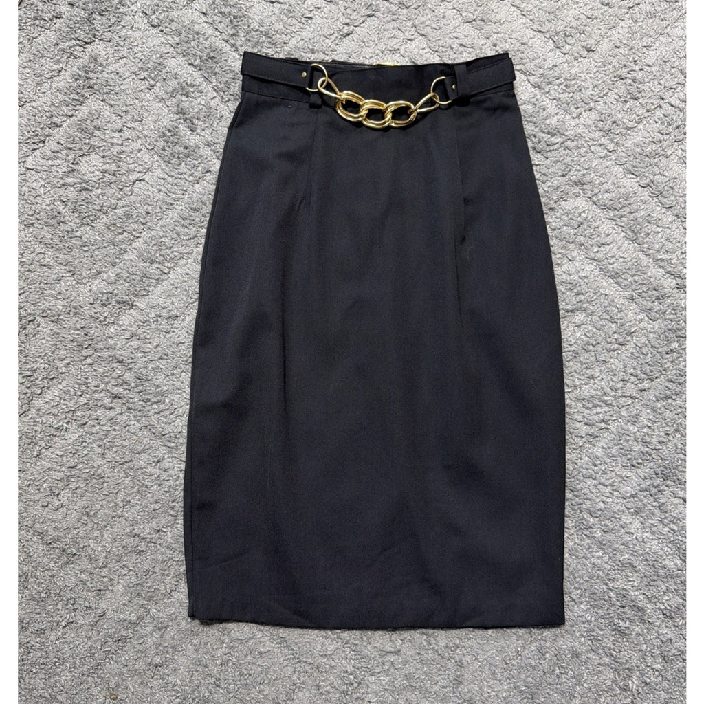 Vtg 70s-89s Jay Peters Belted Mid Skirt Womens S 7/8 Stretch Black Made In USA