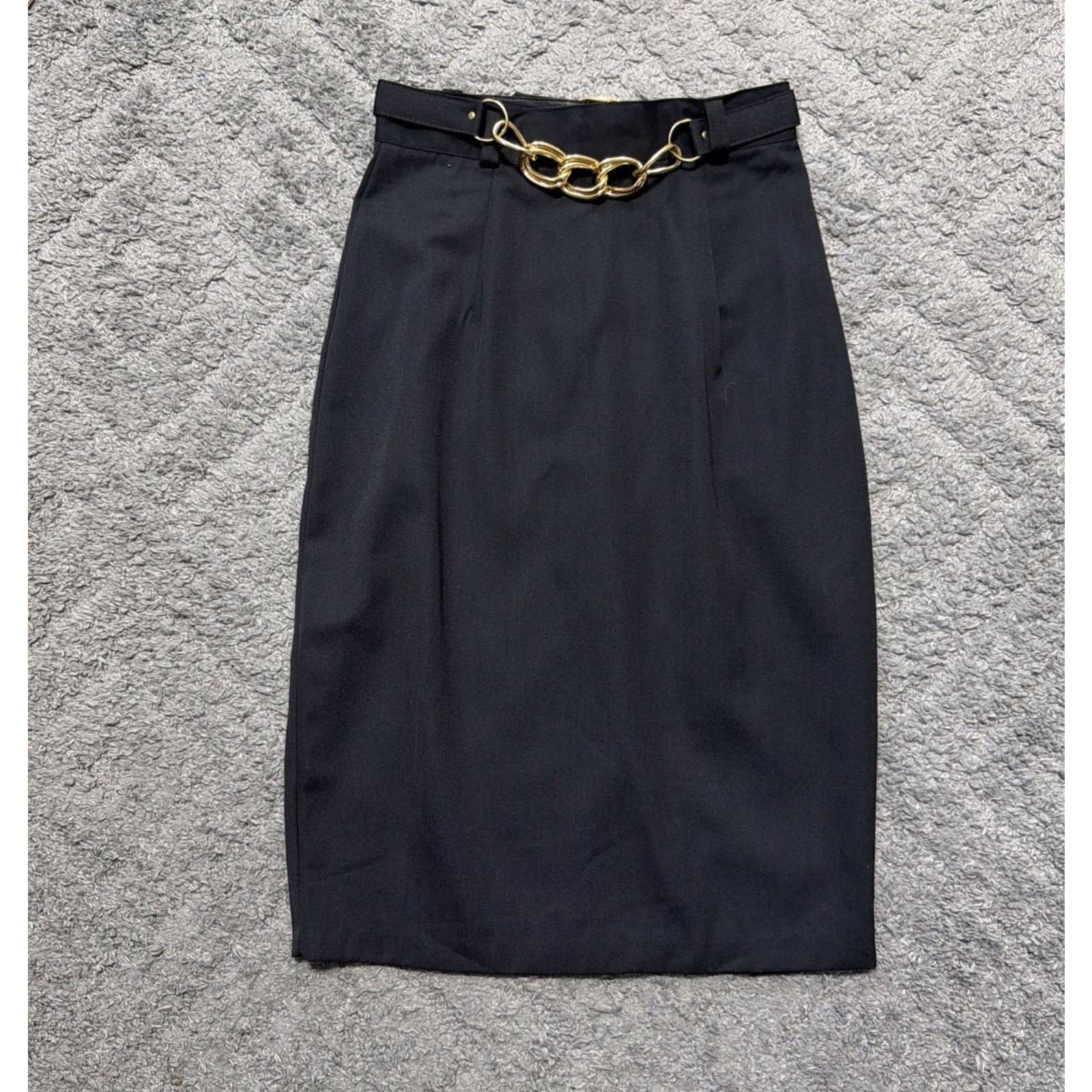 Vtg 70s-89s Jay Peters Belted Mid Skirt Womens S 7/8 Stretch Black Made In USA