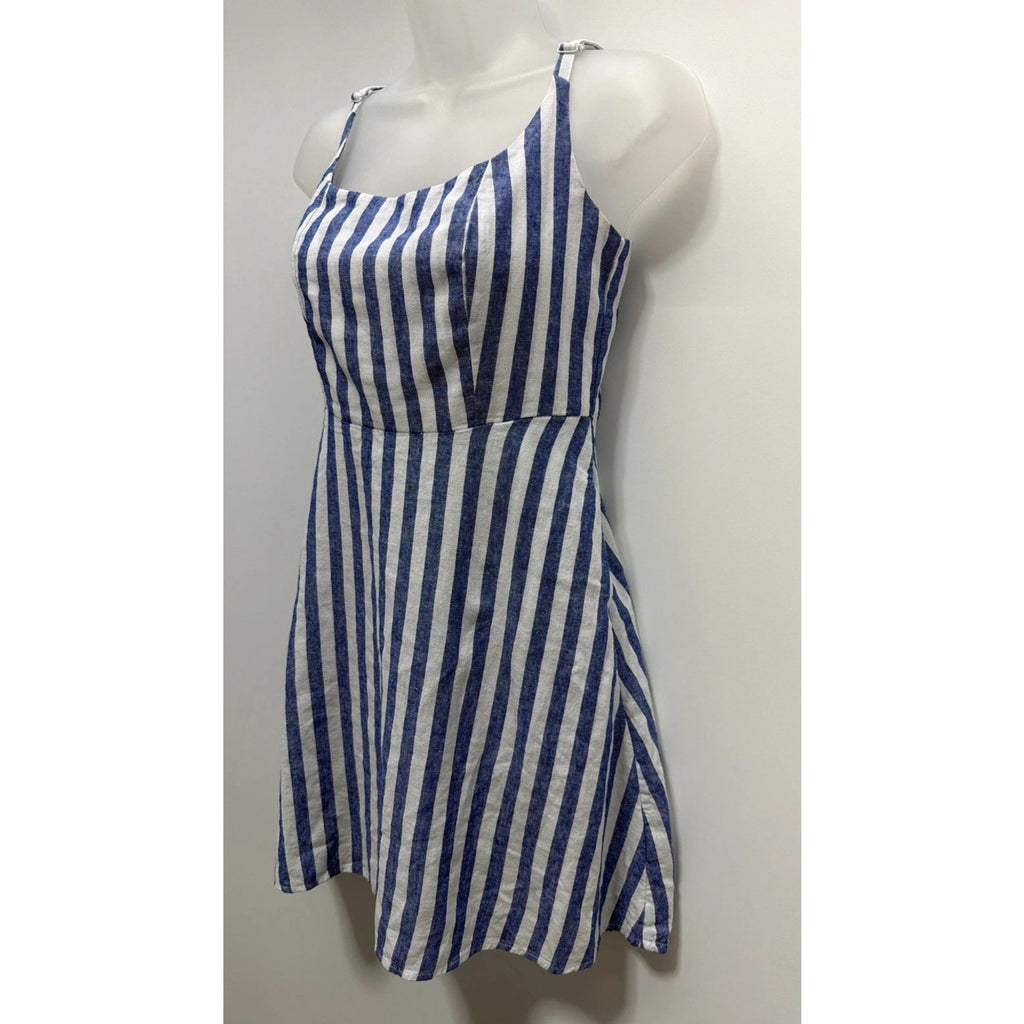 Old Navy Fit & Flare Chambray Blue White Vertical Striped Linen Blend Dress XS
