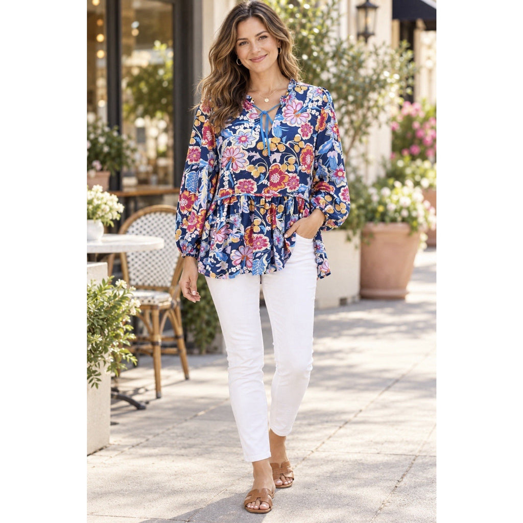 Umgee USA Women Floral Boho Babydoll Tunic Top Navy Tie Neck Long Sleeve