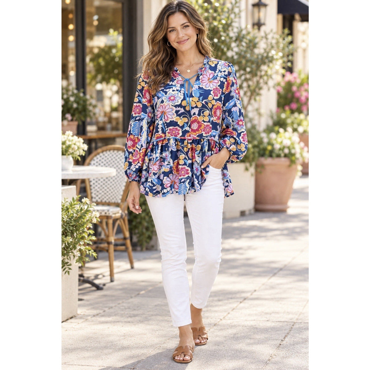 Umgee USA Women Floral Boho Babydoll Tunic Top Navy Tie Neck Long Sleeve