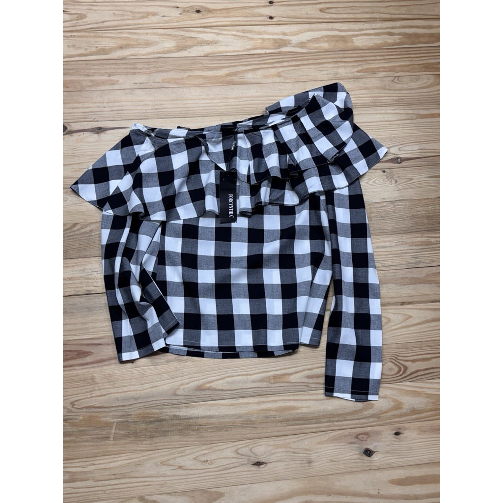 For Cynthia Gingham Black and White Long Sleeve Off The Shoulder Women S NWT