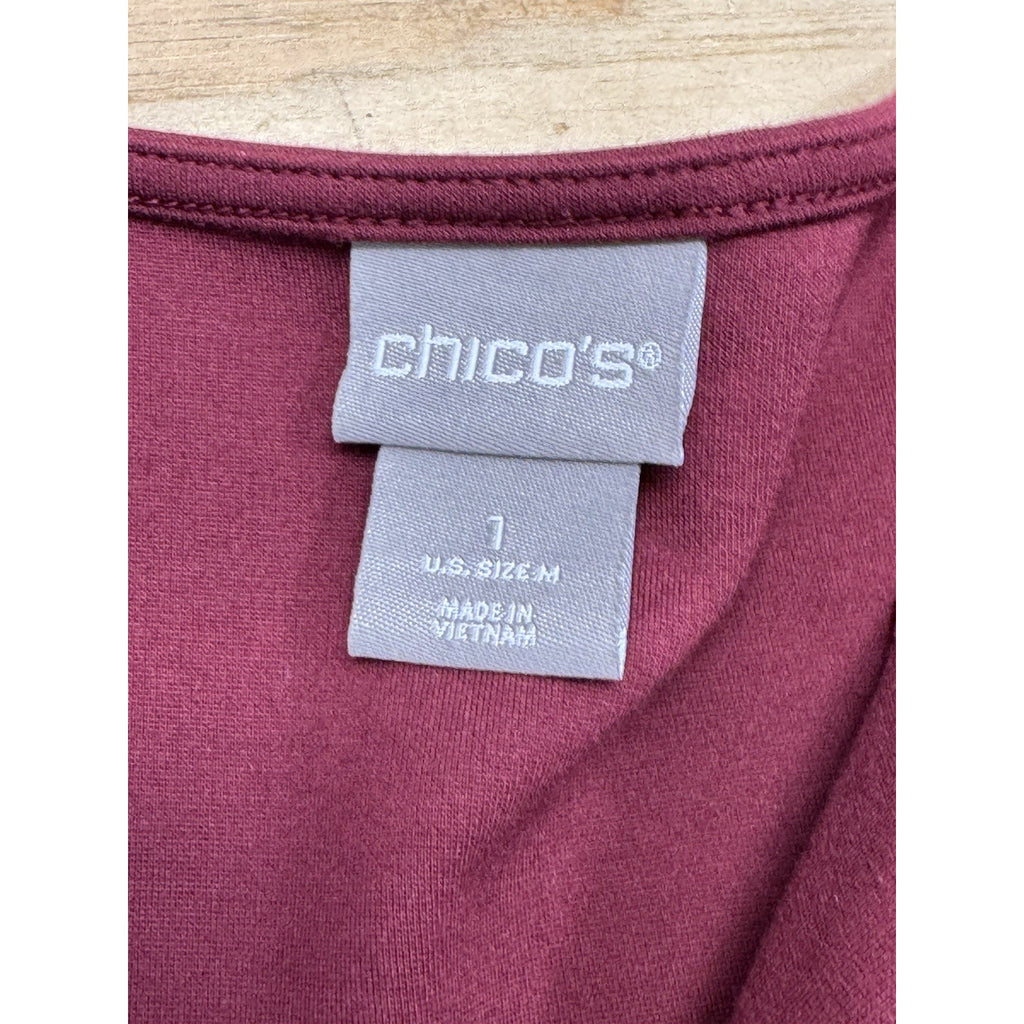Chicos Top Womens 1 US Medium Burgundy V Neck Tunic Long Sleeve Casual Ladies