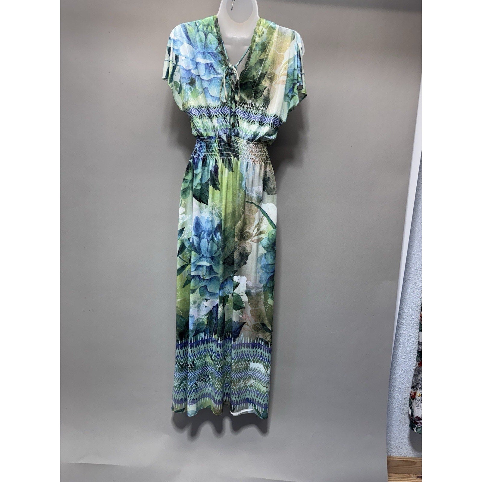 One World Live & Let Live SP Petite Maxi Dress Blue Green Beaded Boho