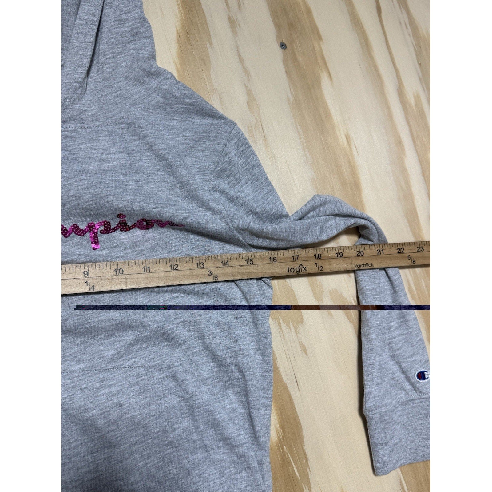 Champion Girls Hoodie Large Gray Pink SEQUIN Script Logo Pullover Youth L 10/12
