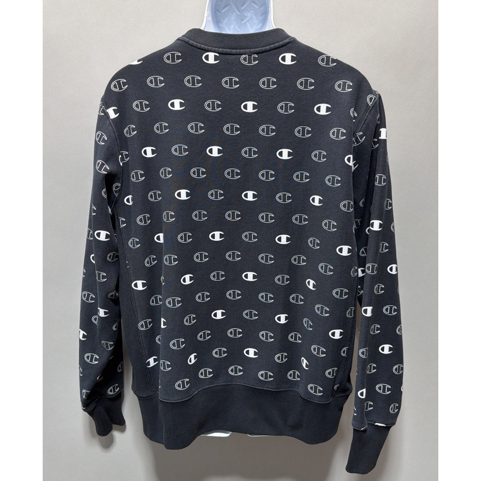 Champion Reverse Weave Sweatshirt Mens L Pullover Black All Over Print Logo