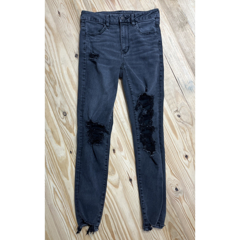 American Eagle Forever Soft Distressed Super High Waist Jeans 6 Jegging Black