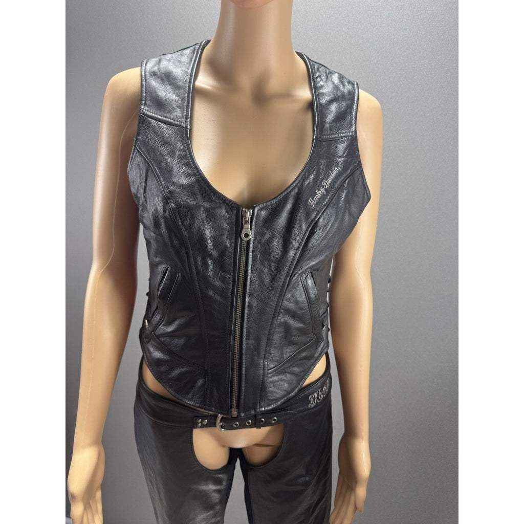 Harley-Davidson Leather Vest & Chaps Matching Set Green Wing Logo Black