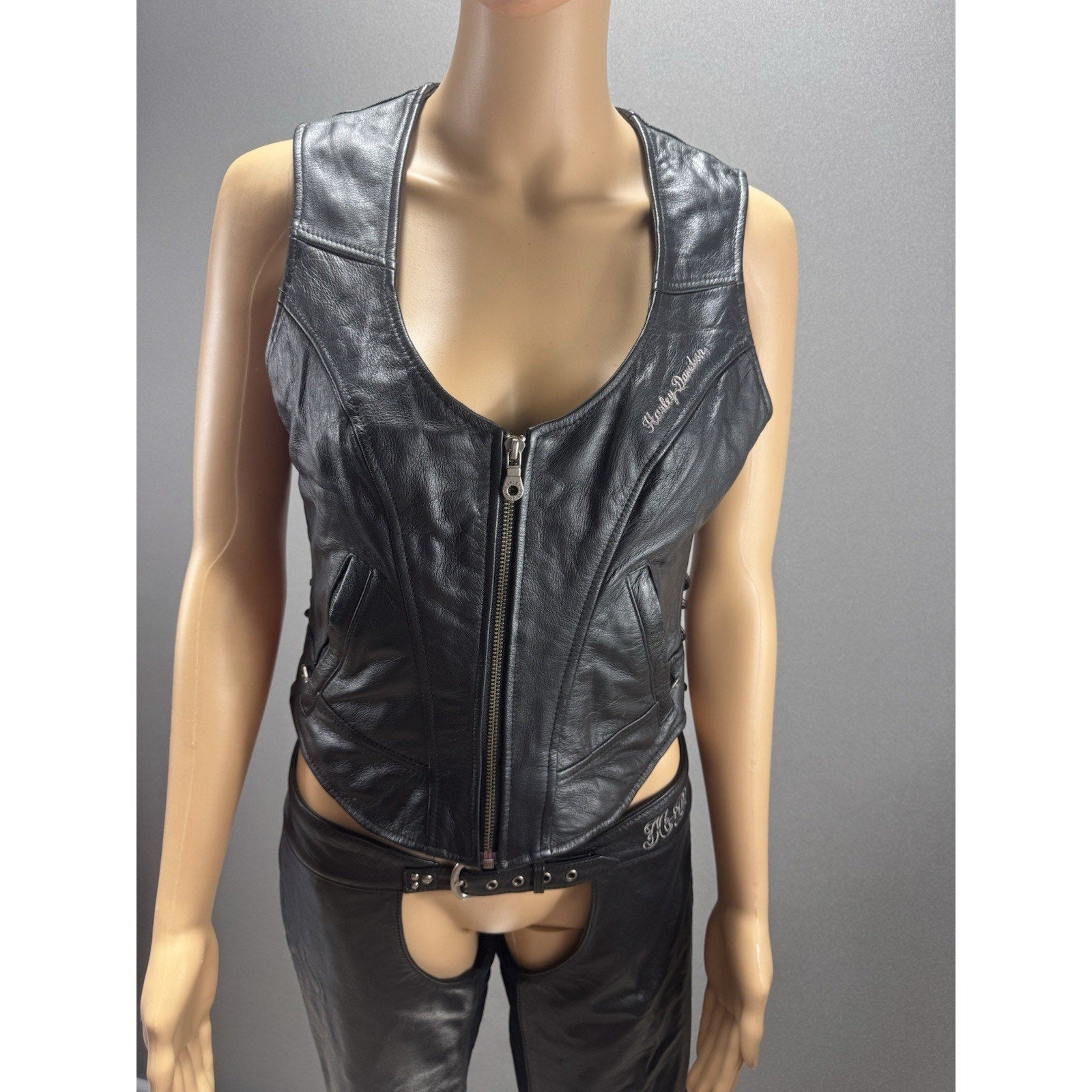 Harley-Davidson Leather Vest & Chaps Matching Set Green Wing Logo Black
