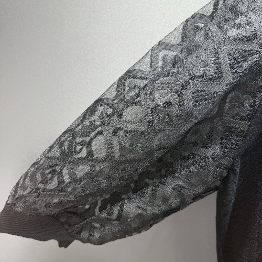 Jade By Melody Tam Women M/L Black Knit Sweater Sheer Floral Lace Balloon Sleeve