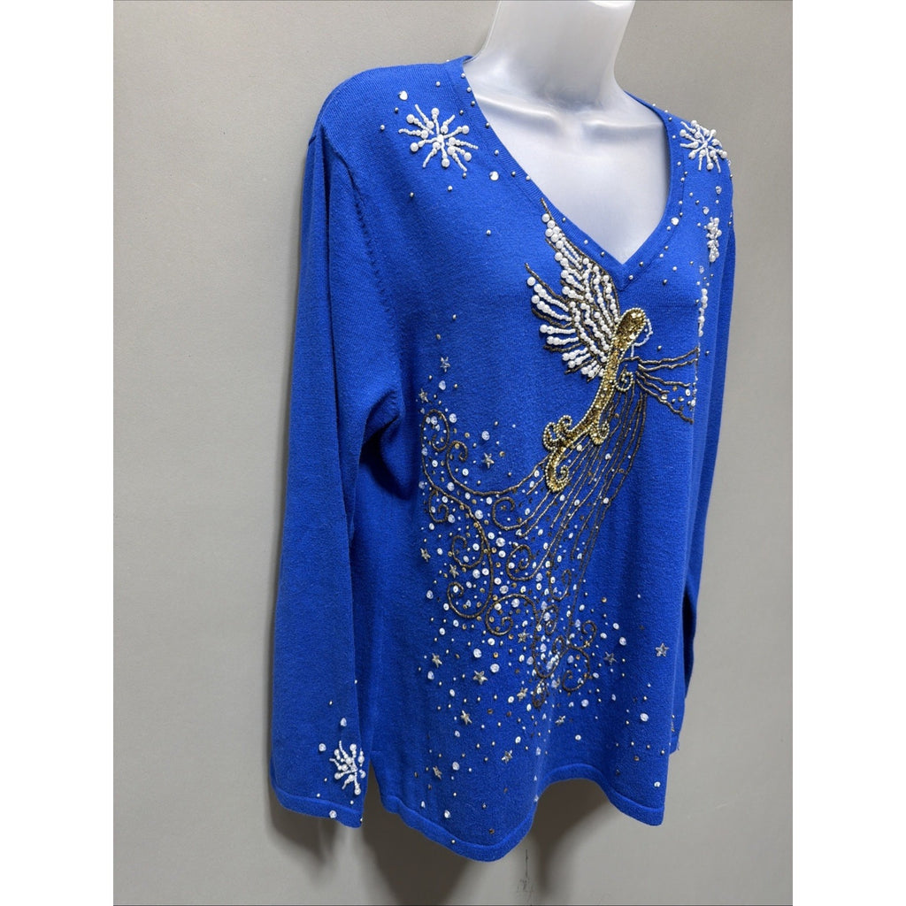 Berek2 Blue Sweater Angel/Snowflake Bead Pullover V-Neck Long Sleeve Size XL