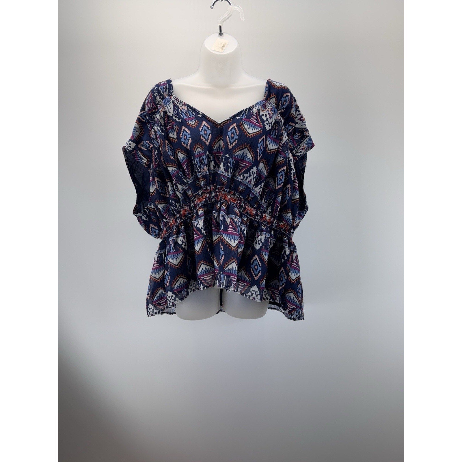 Old Navy Top Blue V-Neck Blouse Smocked Waist Cap Sleeve Geometric Women’s 2X