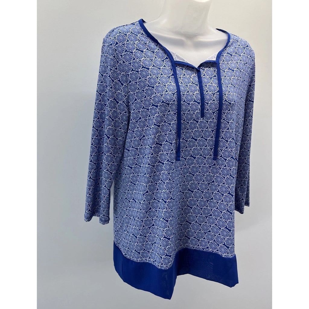 Chicos Blue Medallion Bristol Split Neck Tunic Top Size 0 Small