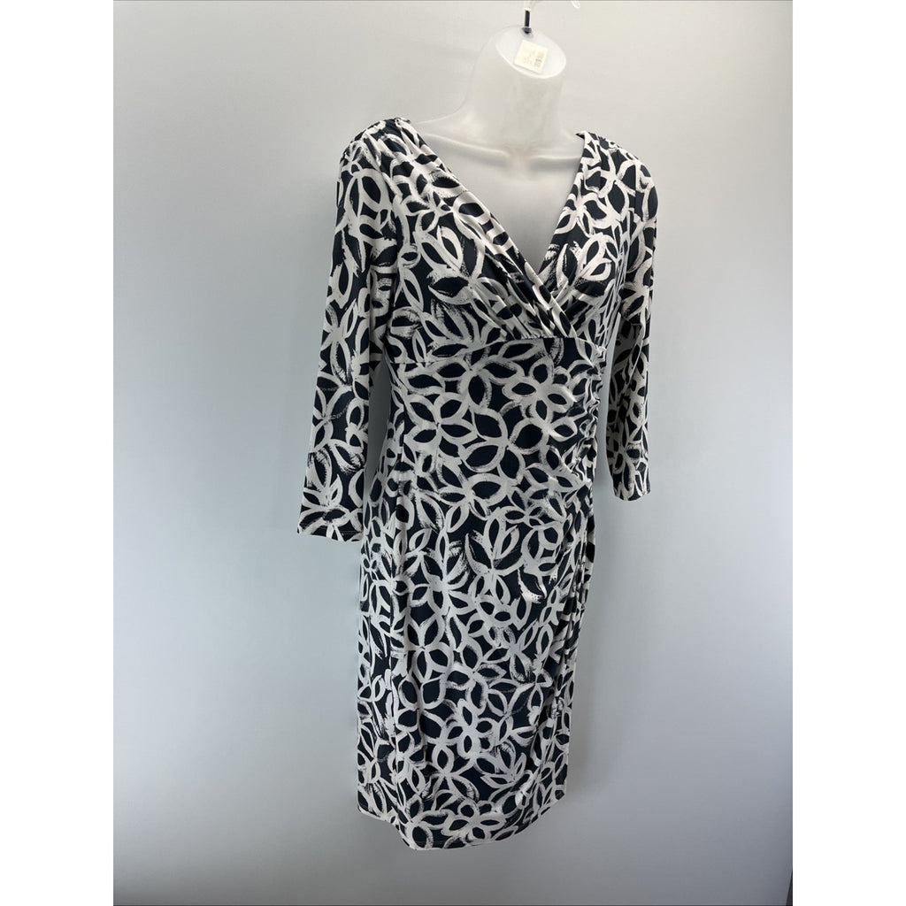 Lauren Ralph Lauren Gray White Printed Surplice Faux Wrap Dress Womens Stretch 4