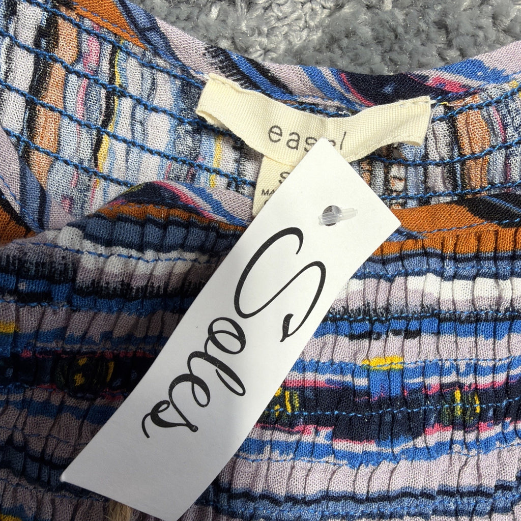 Easel Blouse Tank Womens S Stripe Crinkle Adjust Straps Smocked Bodice New