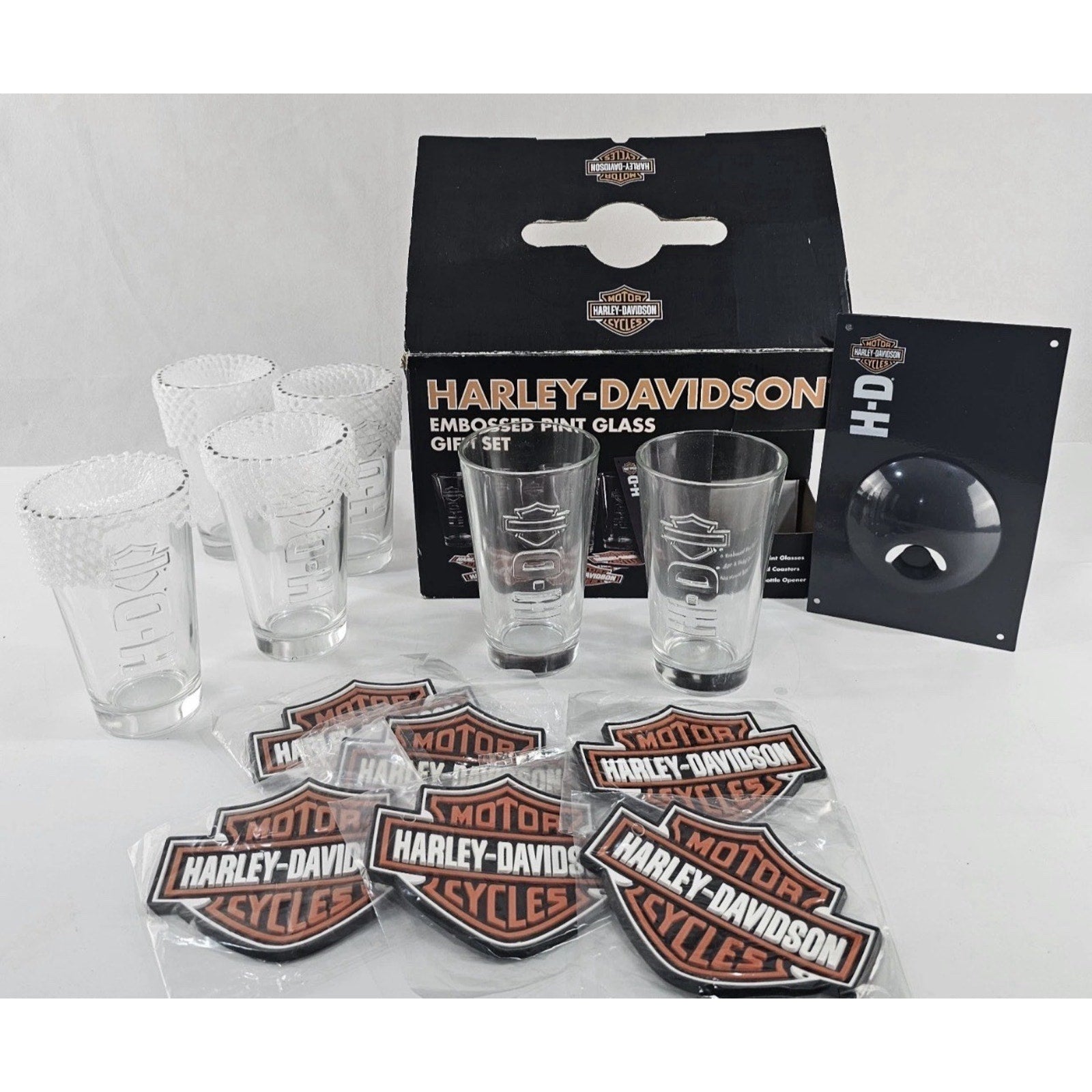 Harley Davidson Embossed Pint Glass Gift Set 6 Glasses Coasters Wall Opener NIB