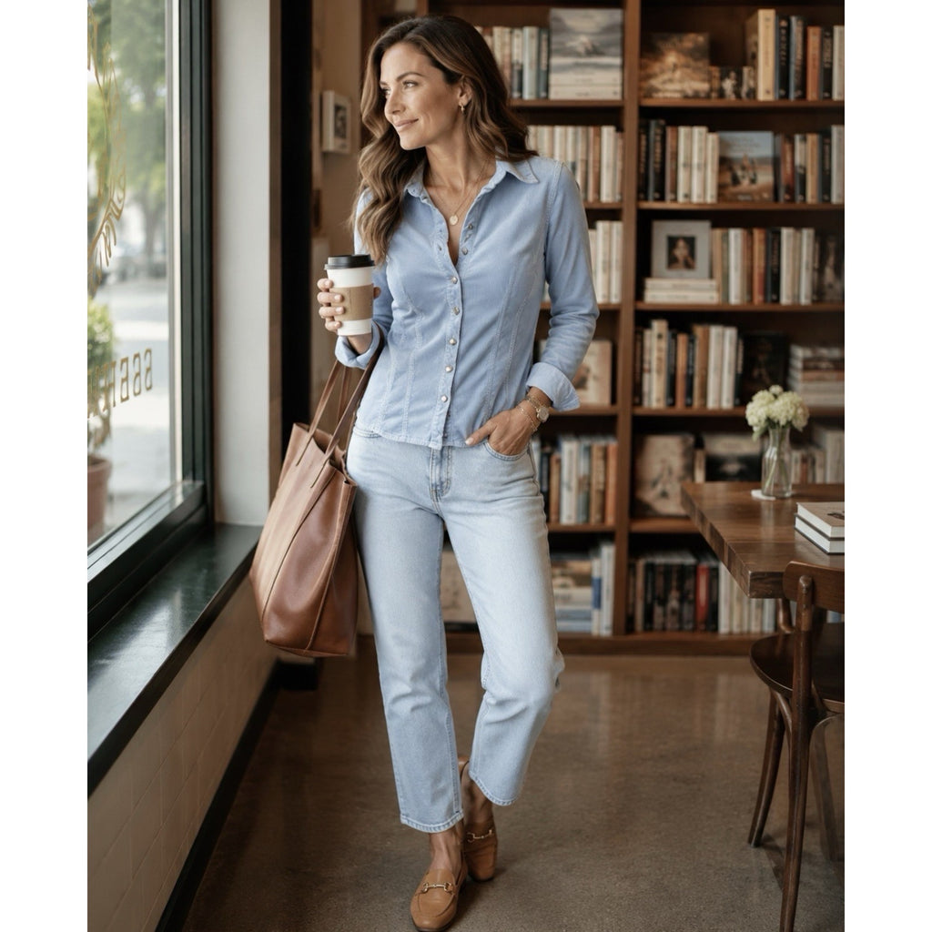 Womens Small Light Blue Stretch Corduroy Snap Front Shirt Jacket Fitted Western