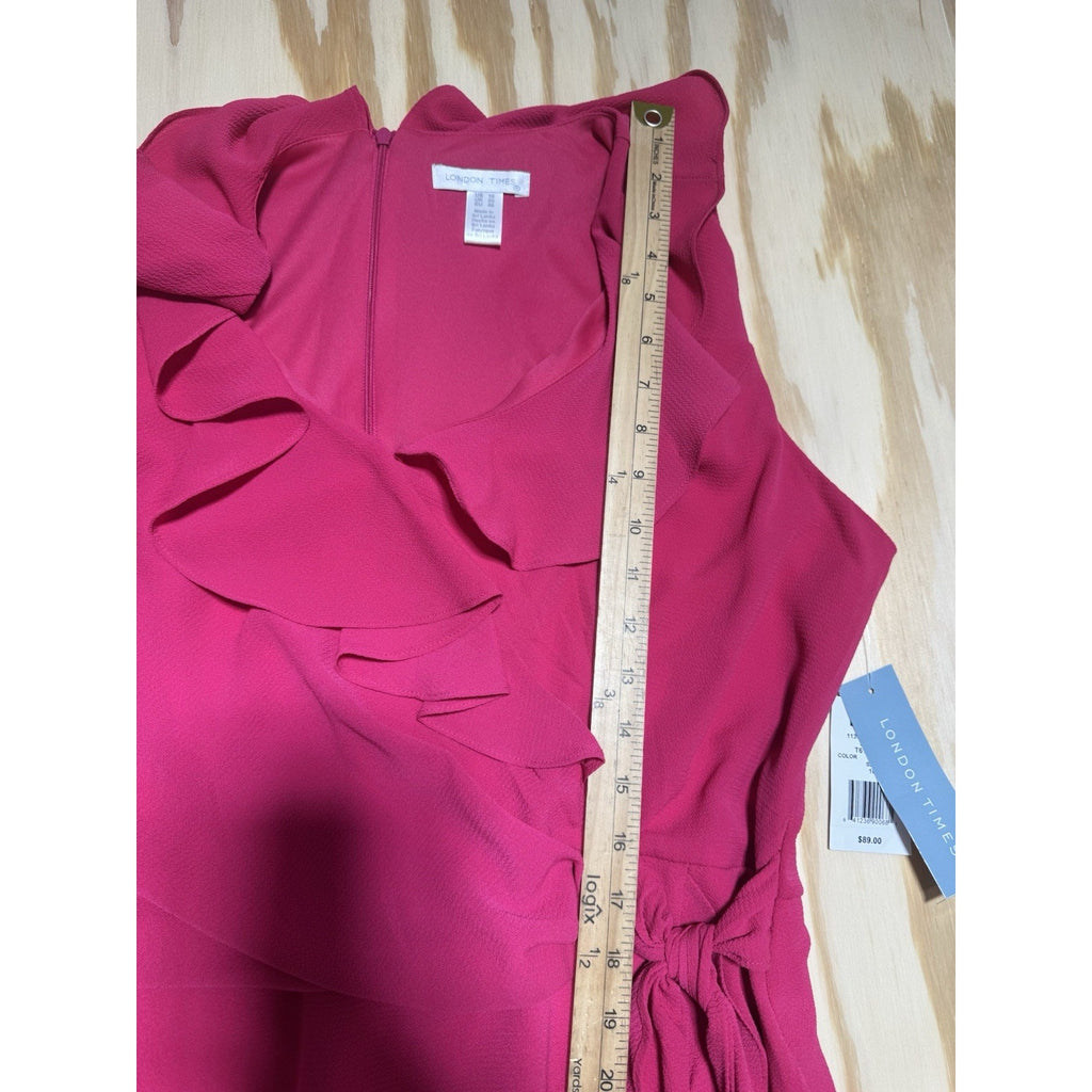 NWT London Times Pink Wrap Dress Size 16 Ruffle Sleeveless Midi Faux Wrap Weddin