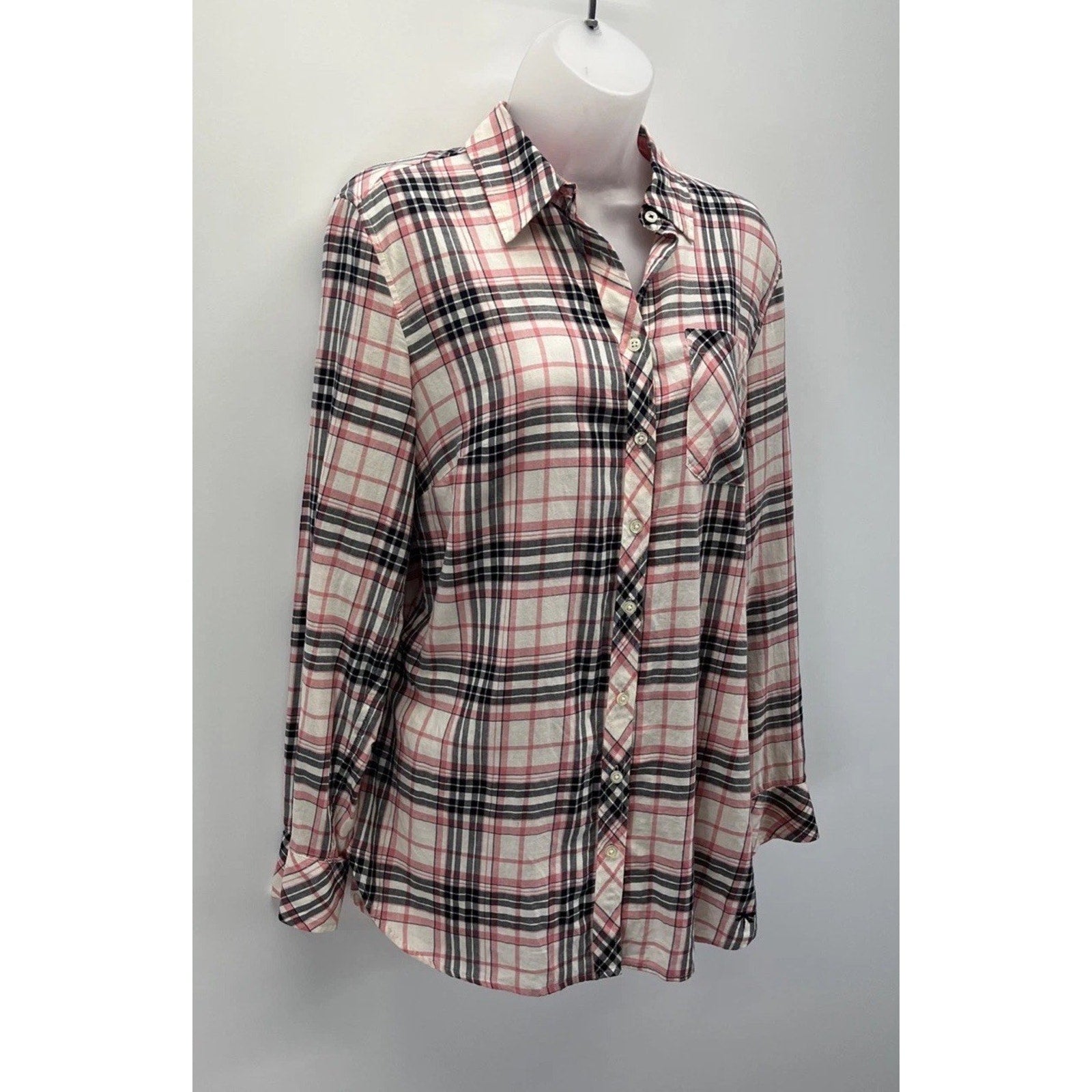 Talbots Womens Blouse Plaid Button Up Cotton Plaid Blue Pink Long Sleeve Size S