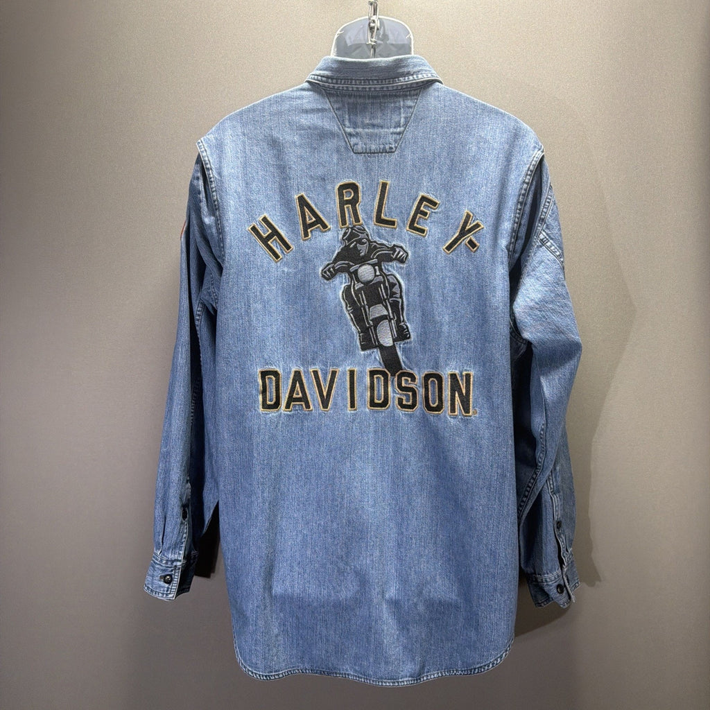 Vtg Harley Davidson Shirt Large Button Up Light Blue Denim Embroidered