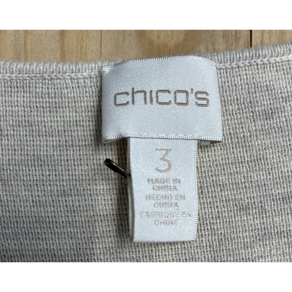 Chicos 3 Beige Open 3/4 Sleeve Open Knit Cardigan Fringe Suede Detail