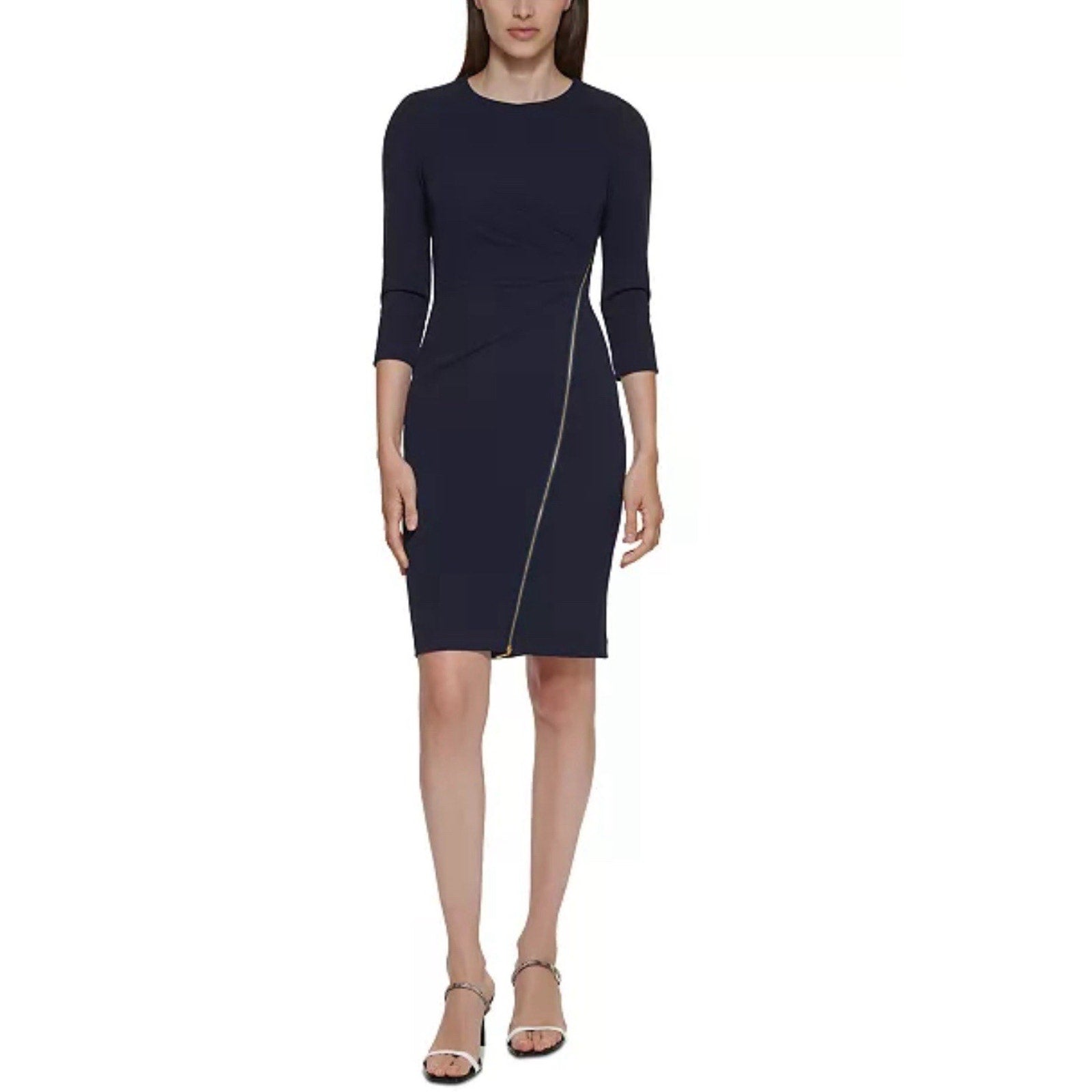 Calvin Klein Black Exposed Front Gold Tone Zipper Sheath Dress 3/4 sleeves 4P