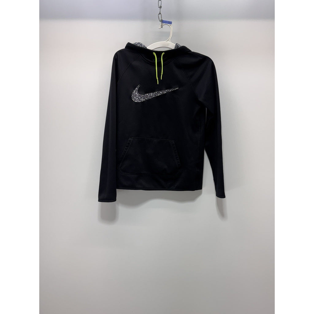 NIKE Hoodie Womens Small Black Pullover Fleece Hooded Therma-Fit Center Check