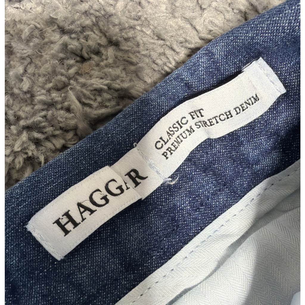 Haggar Premium Denim Trouser Dress Pants Blue Classic Fit Pleated 46x30 Stretch
