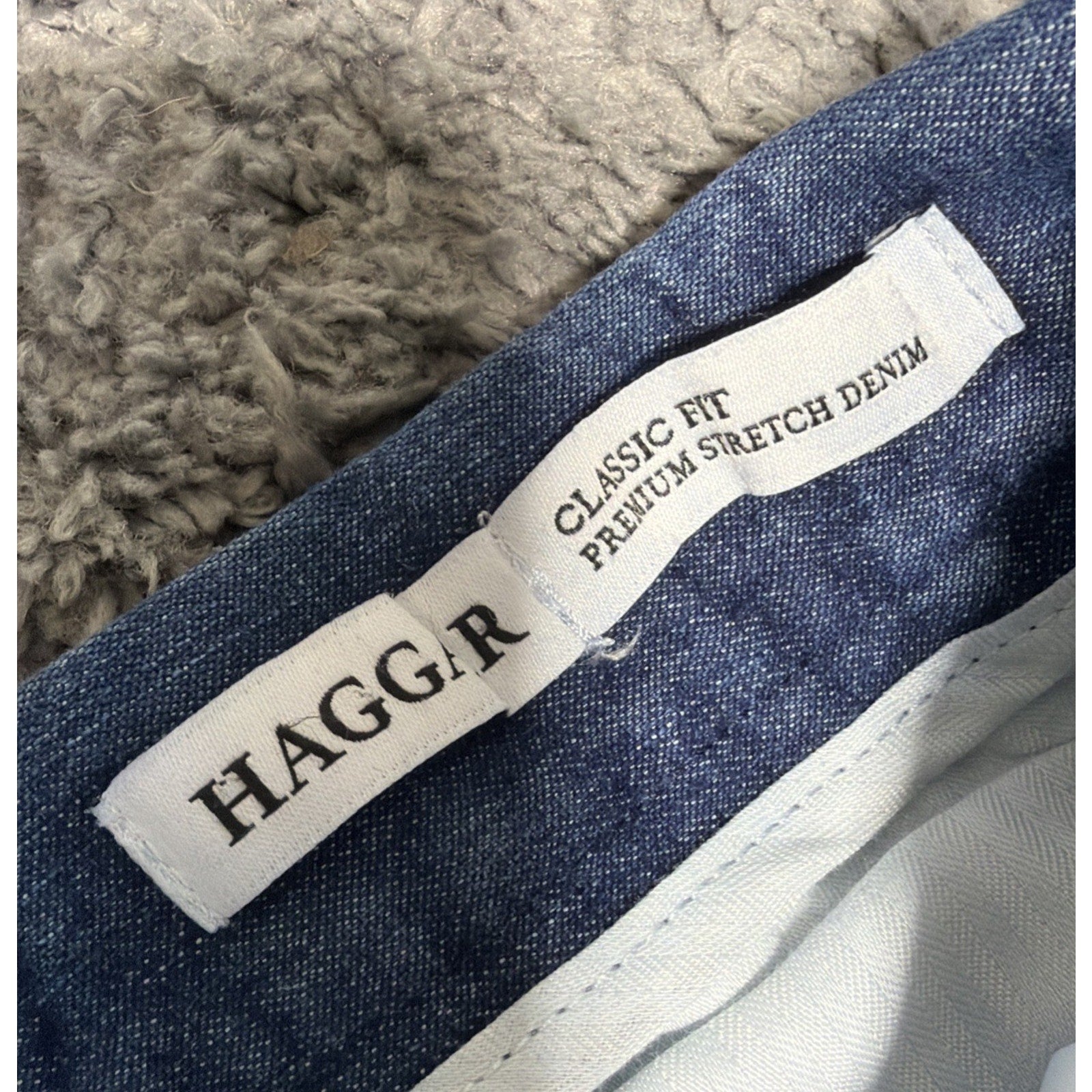 Haggar Premium Denim Trouser Dress Pants Blue Classic Fit Pleated 46x30 Stretch