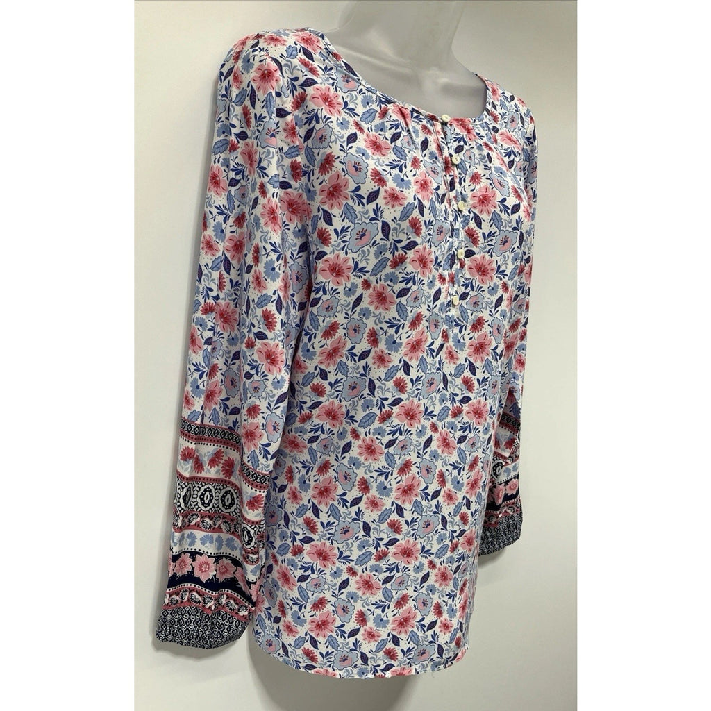TALBOTS Top Size M Blue Pink Floral Boho Rayon Popover Long Sleeve Womens Light