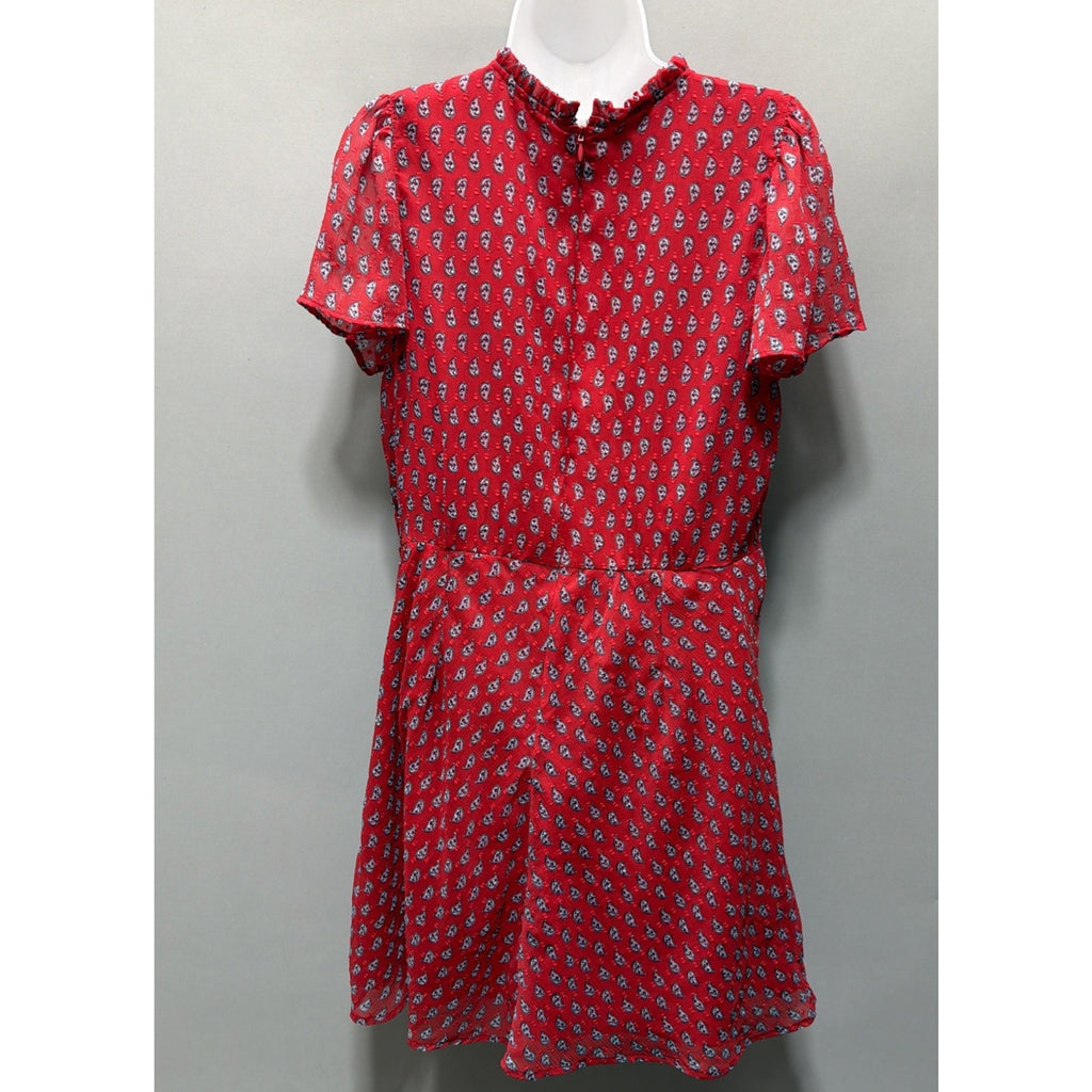 LOFT Red Paisley Clip Dot Smocked Mock Neck Lined Mini Dress Size 12 Petite