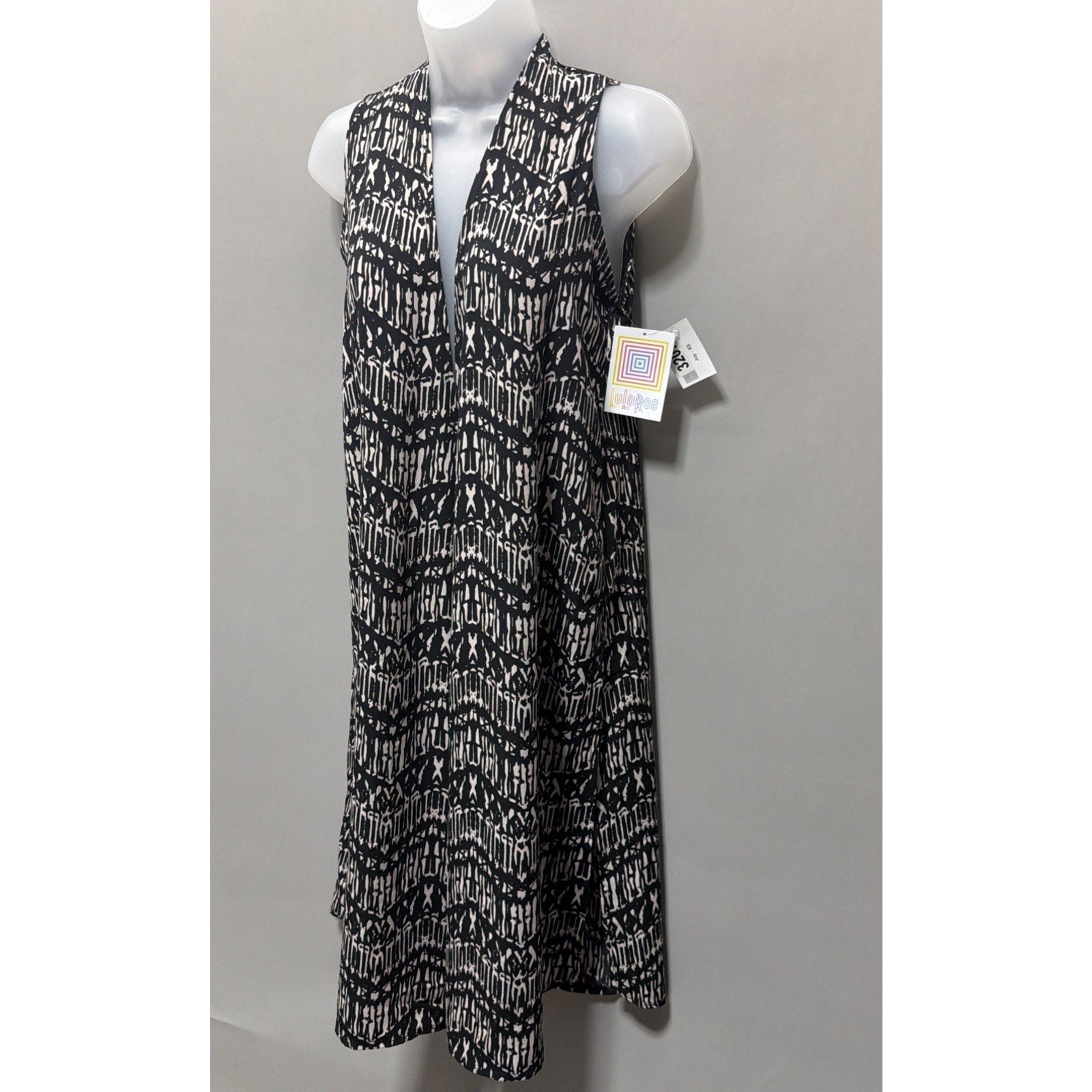 LULAROE Duster Vest JOY XSmall Black White Aztec Pattern Lightweight Slit NWT