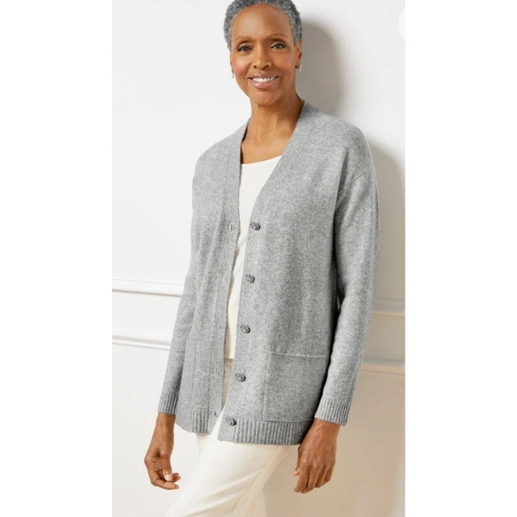 Talbots Jewel Button Cardigan L Pockets Metallic Silver Career Preppy Casual NWT