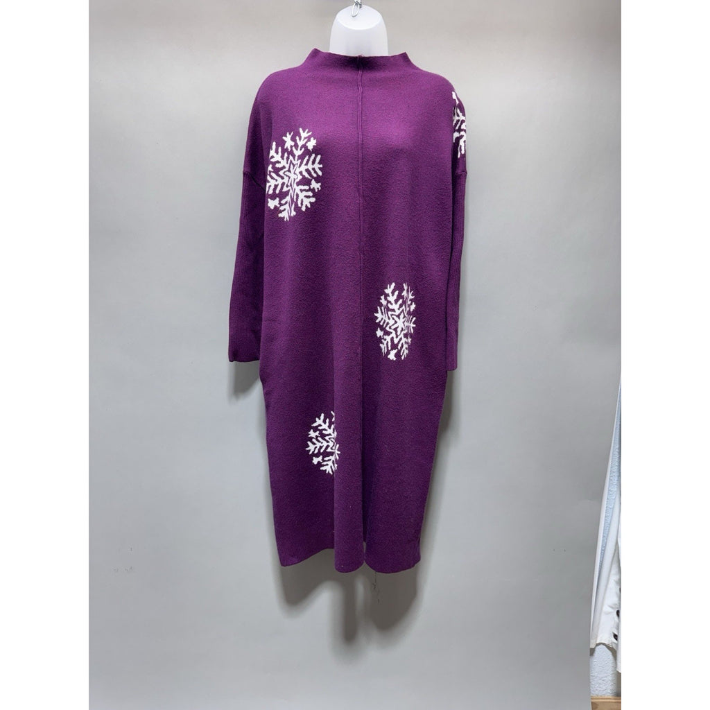 Snowflake Bodycon Dress Purple White Size M Mid Calf 3/4 Sleeve Blended SoftWool