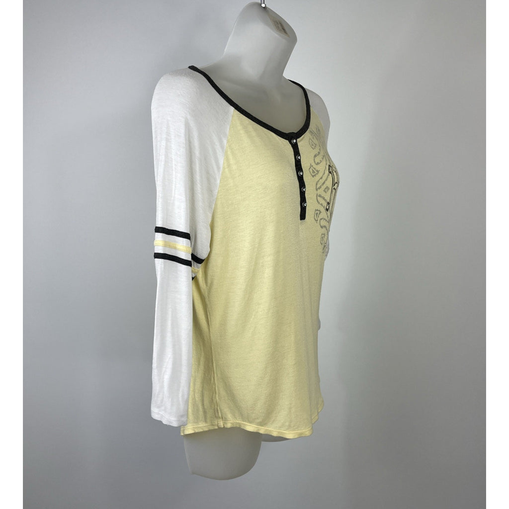 Harley Davidson Yellow & White Rhinestoned 3/4 Sleeve Top Size M